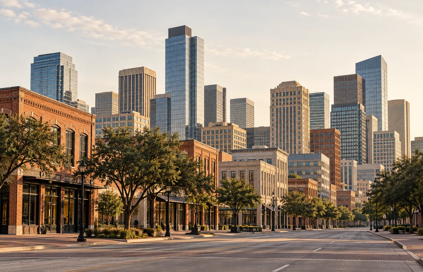 Illustrative North Texas-inspired street with brick buildings and a modern skyline in morning light