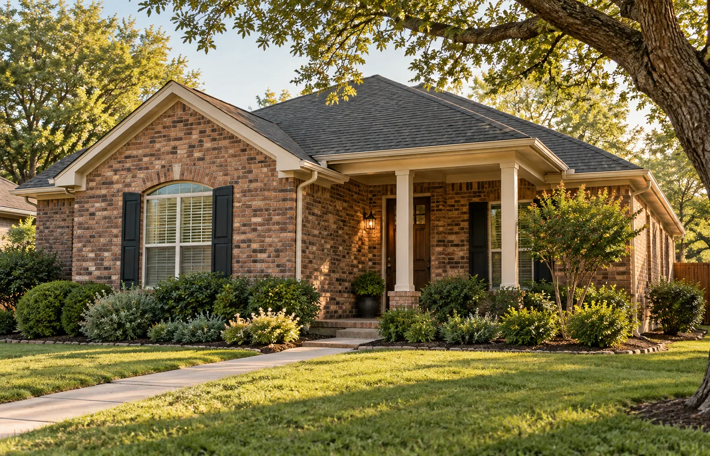 Warm brick house with an ivory porch, shrubs, and a shaded front lawn